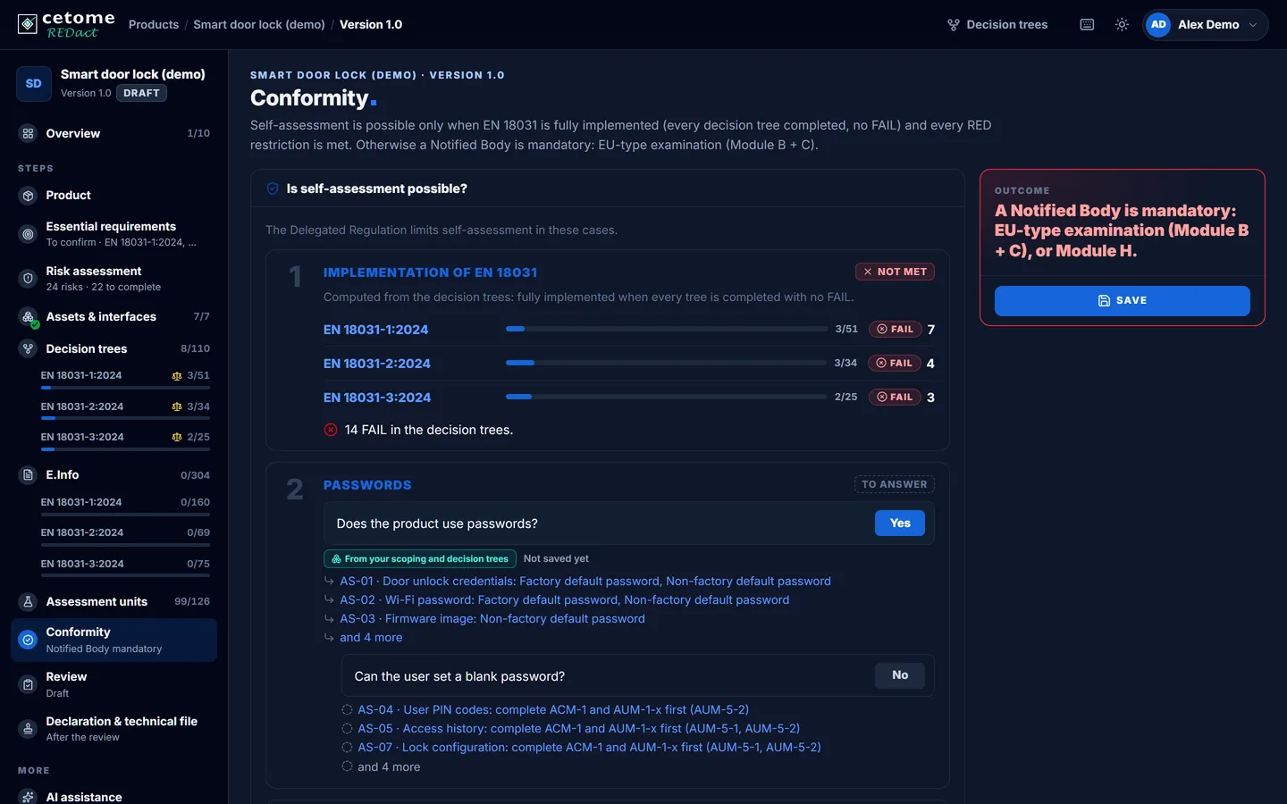 Conformity screen, demo product