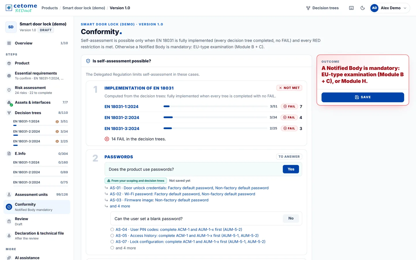 Conformity screen, demo product