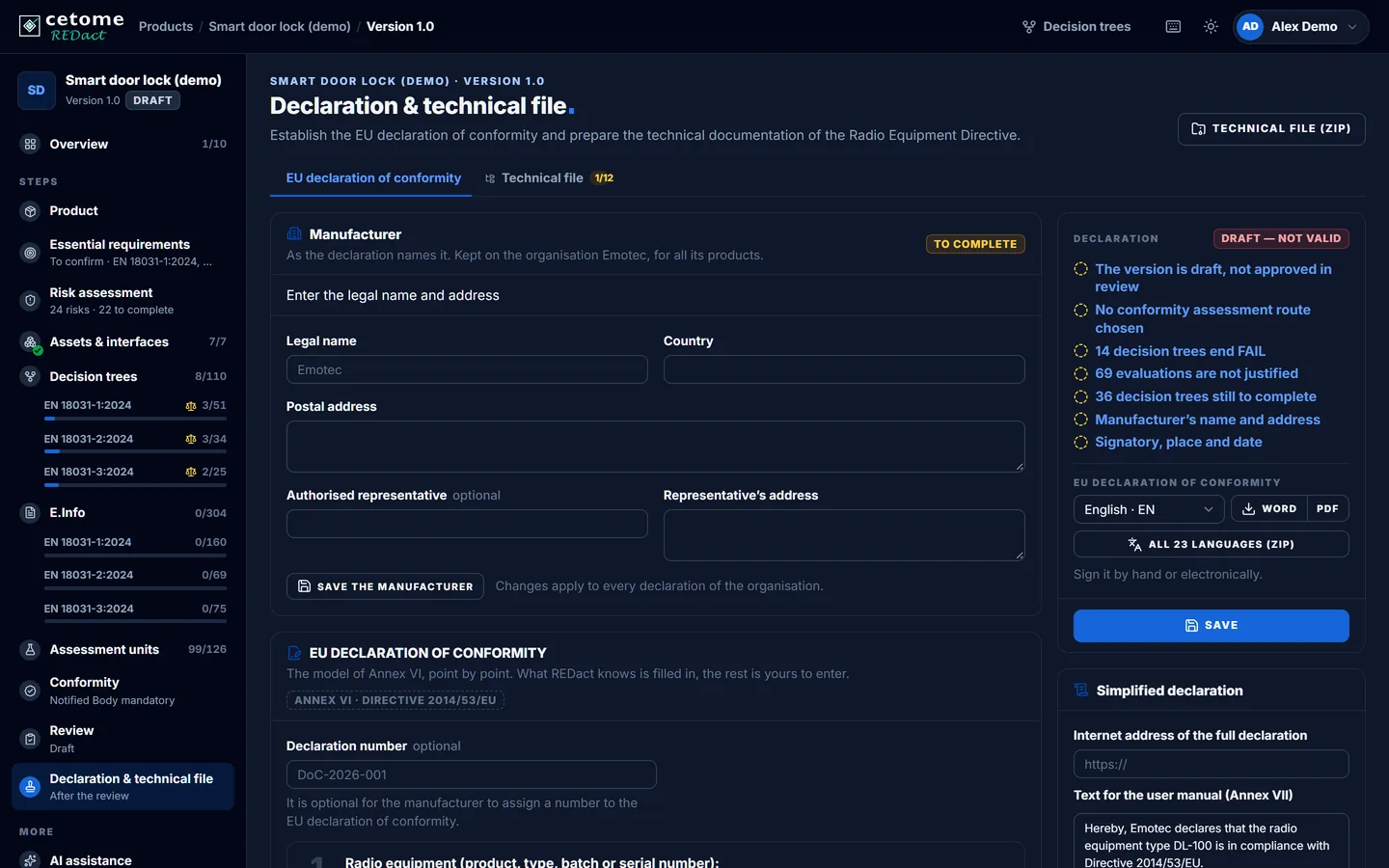 Declaration & technical file screen, demo product