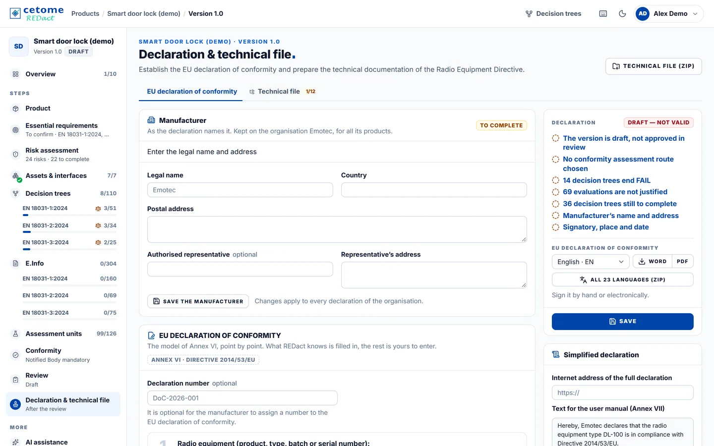 Declaration & technical file screen, demo product