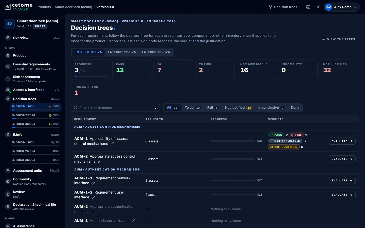 Decision trees screen, demo product