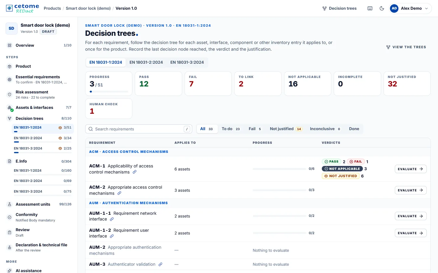 Decision trees screen, demo product