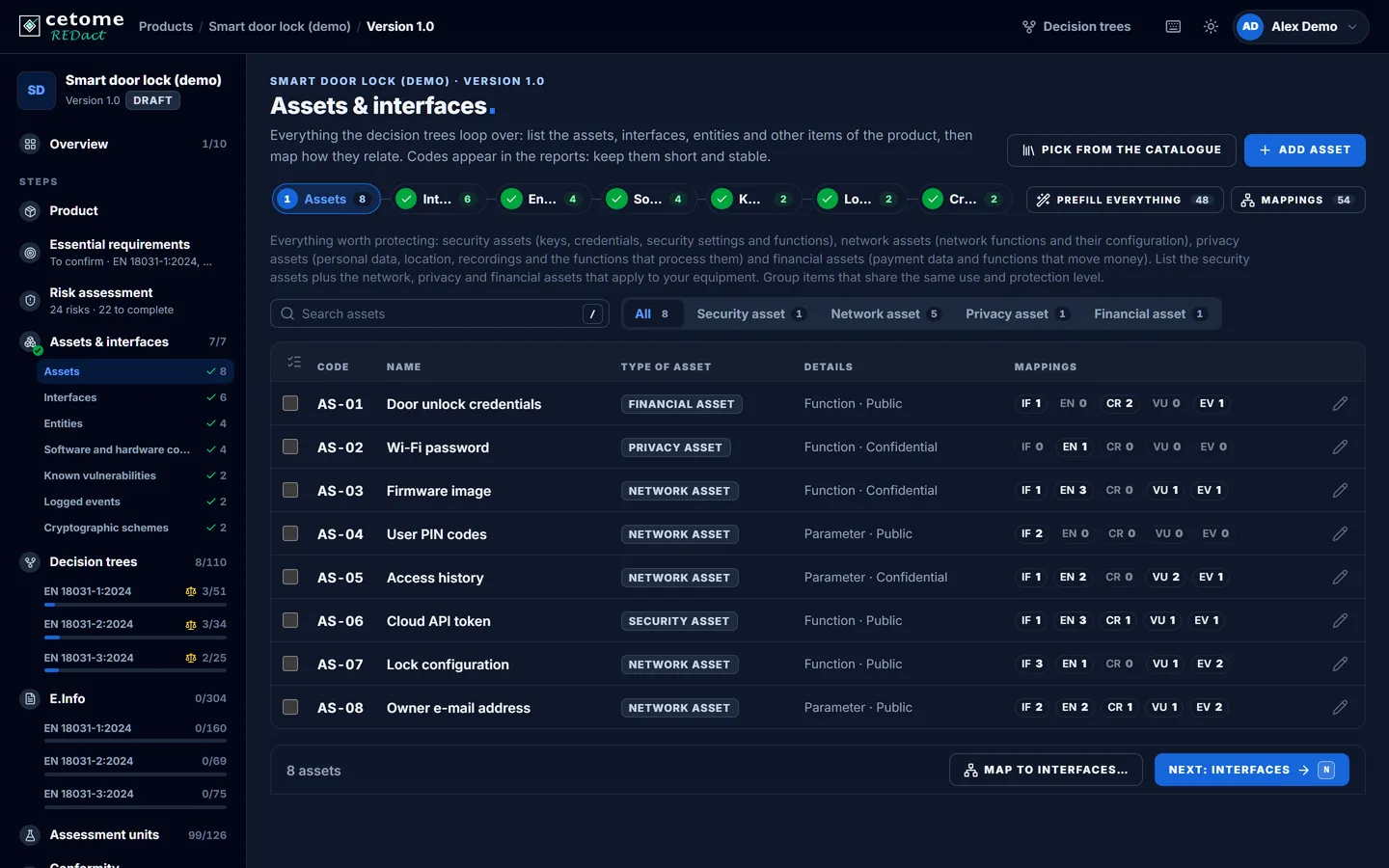 Assets & interfaces screen, demo product