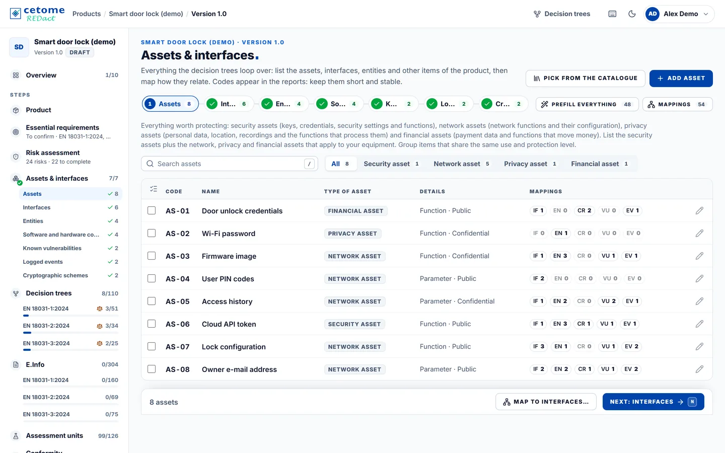 Assets & interfaces screen, demo product