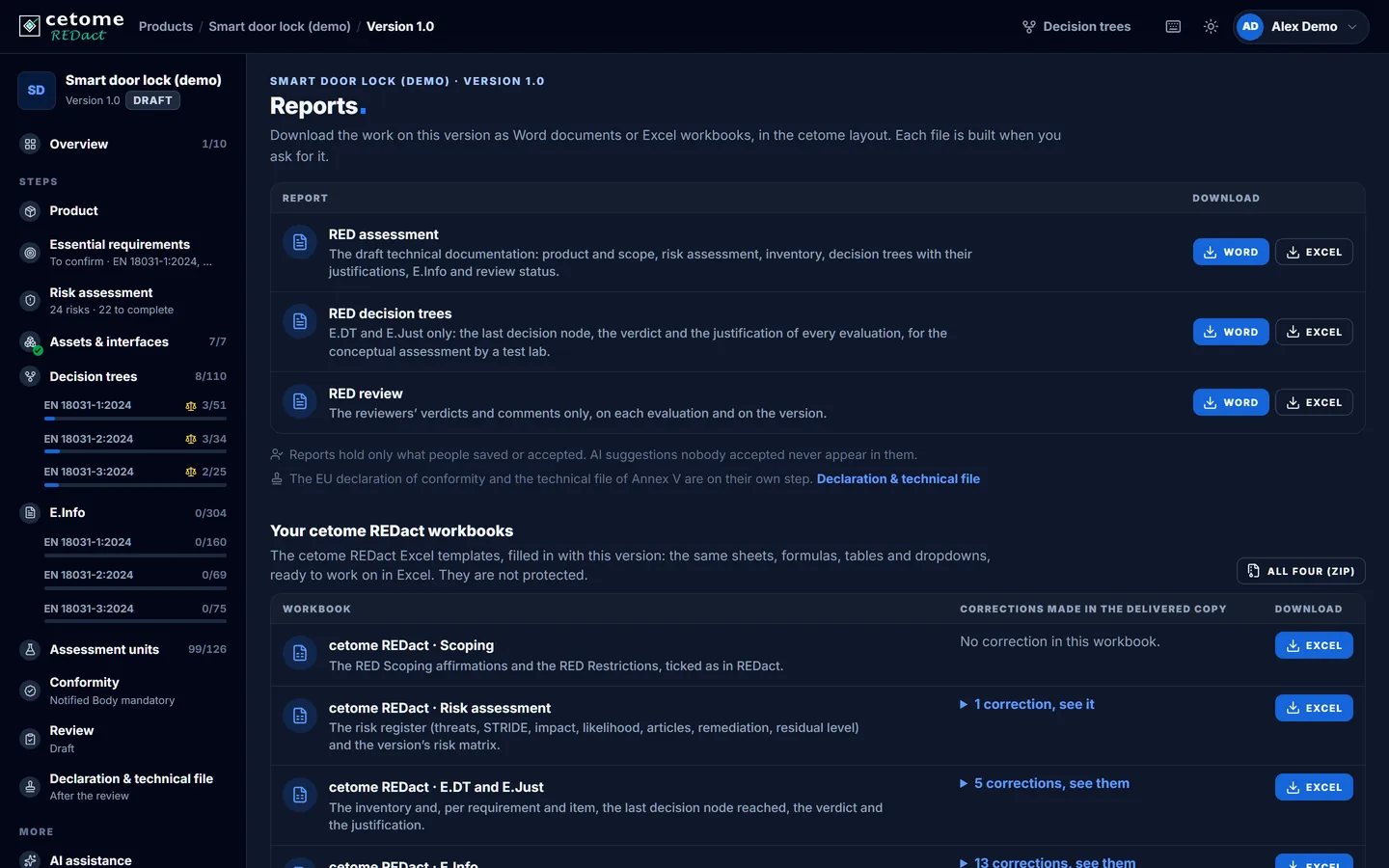 Reports screen, demo product