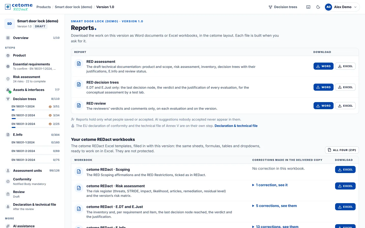 Reports screen, demo product