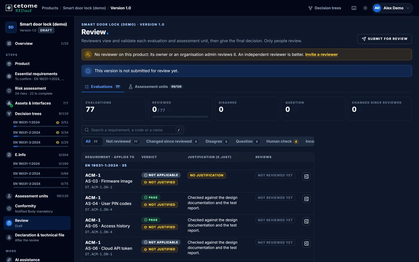 Review screen, demo product