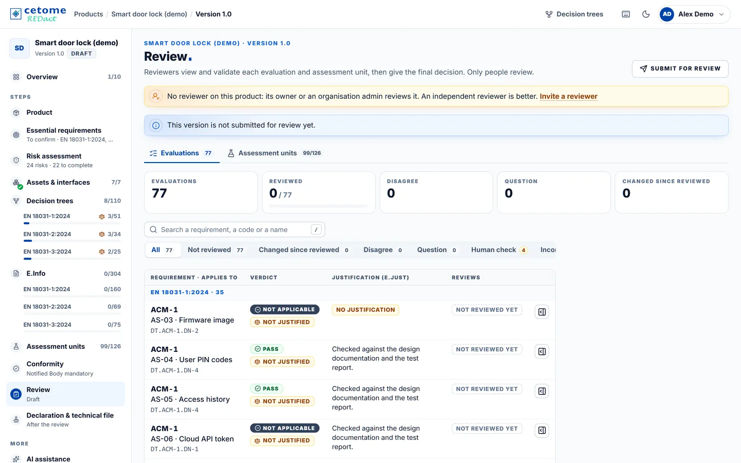 Review screen, demo product