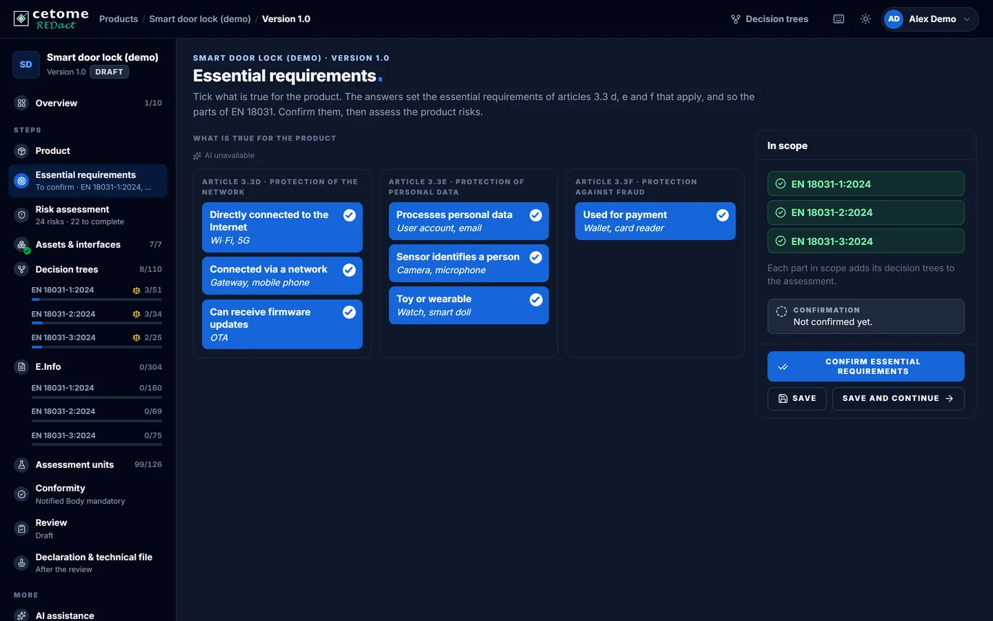 Essential requirements screen, demo product