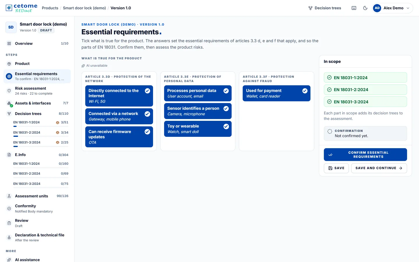 Essential requirements screen, demo product