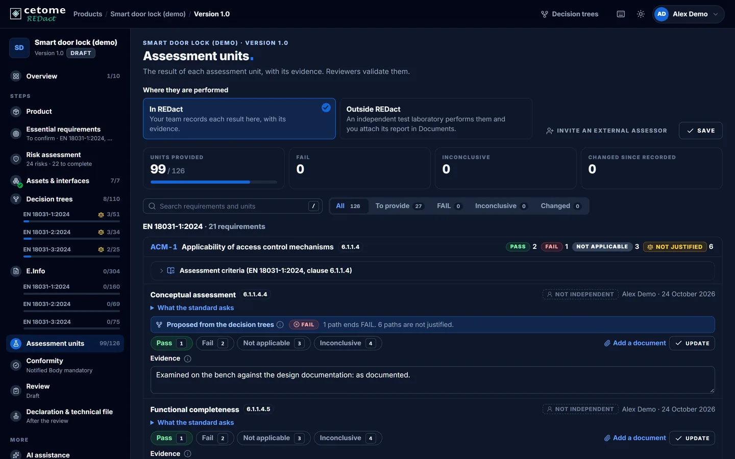 Assessment units screen, demo product