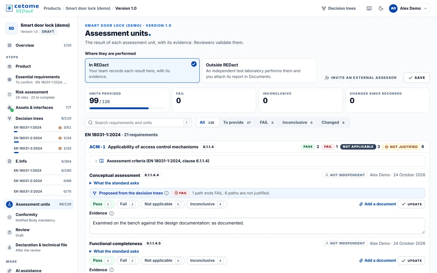 Assessment units screen, demo product