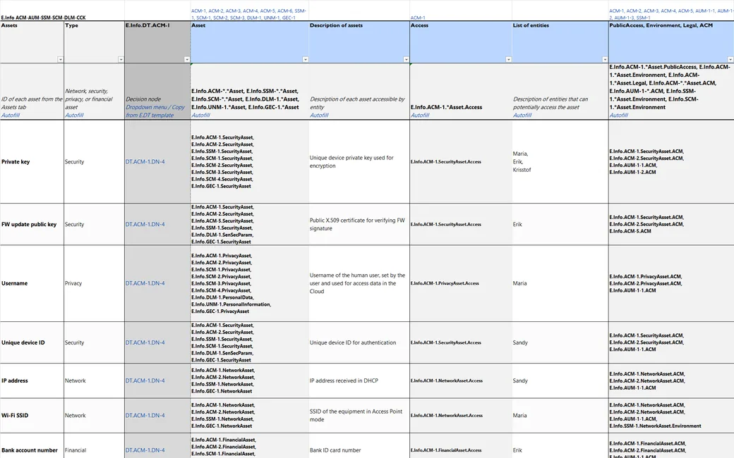 E.Info sheet: assets with their type, decision node and the E.Info fields filled automatically.