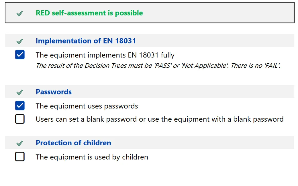 REDux summary: RED self-assessment is possible, with the checks on EN 18031, passwords and protection of children.